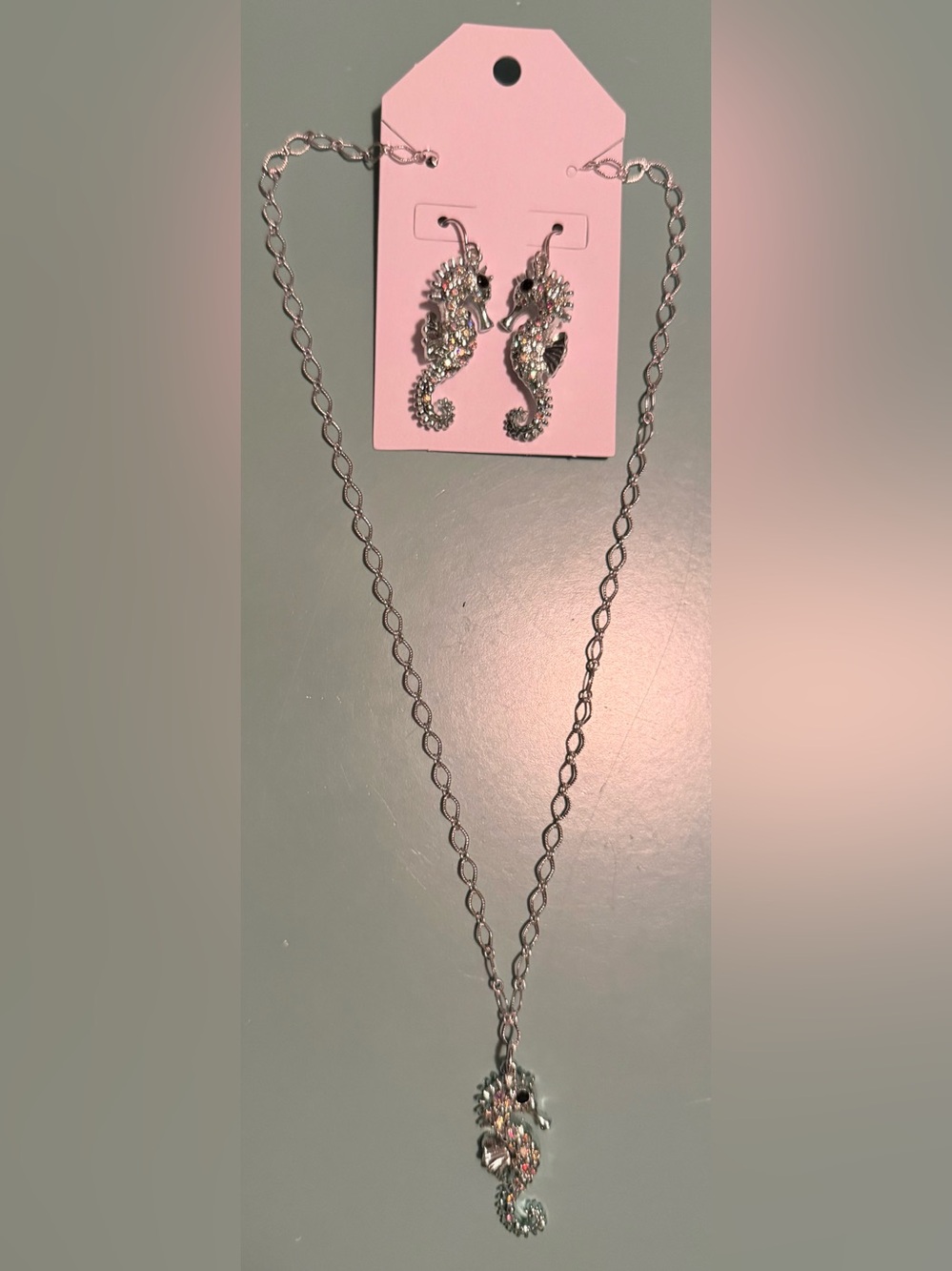 Light Mint Rhinestone Seahorse Necklace & Drop Earrings - Chain in Shiny Silver